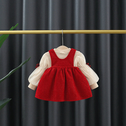 Autumn and Winter New Arrival Baby Girls Long Sleeves Crew Neck Top and Overalls Dress-1