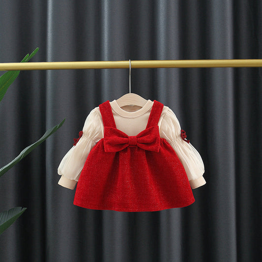 Autumn and Winter New Arrival Baby Girls Long Sleeves Crew Neck Top and Overalls Dress-0
